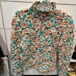 Dolan Ruffled Top with Blue and Brown puckered Floral Pattern